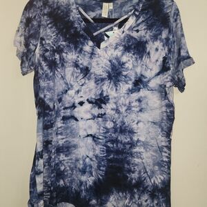 Hayden Small Blue Tie-Dye Crisscross V-Neck Tee